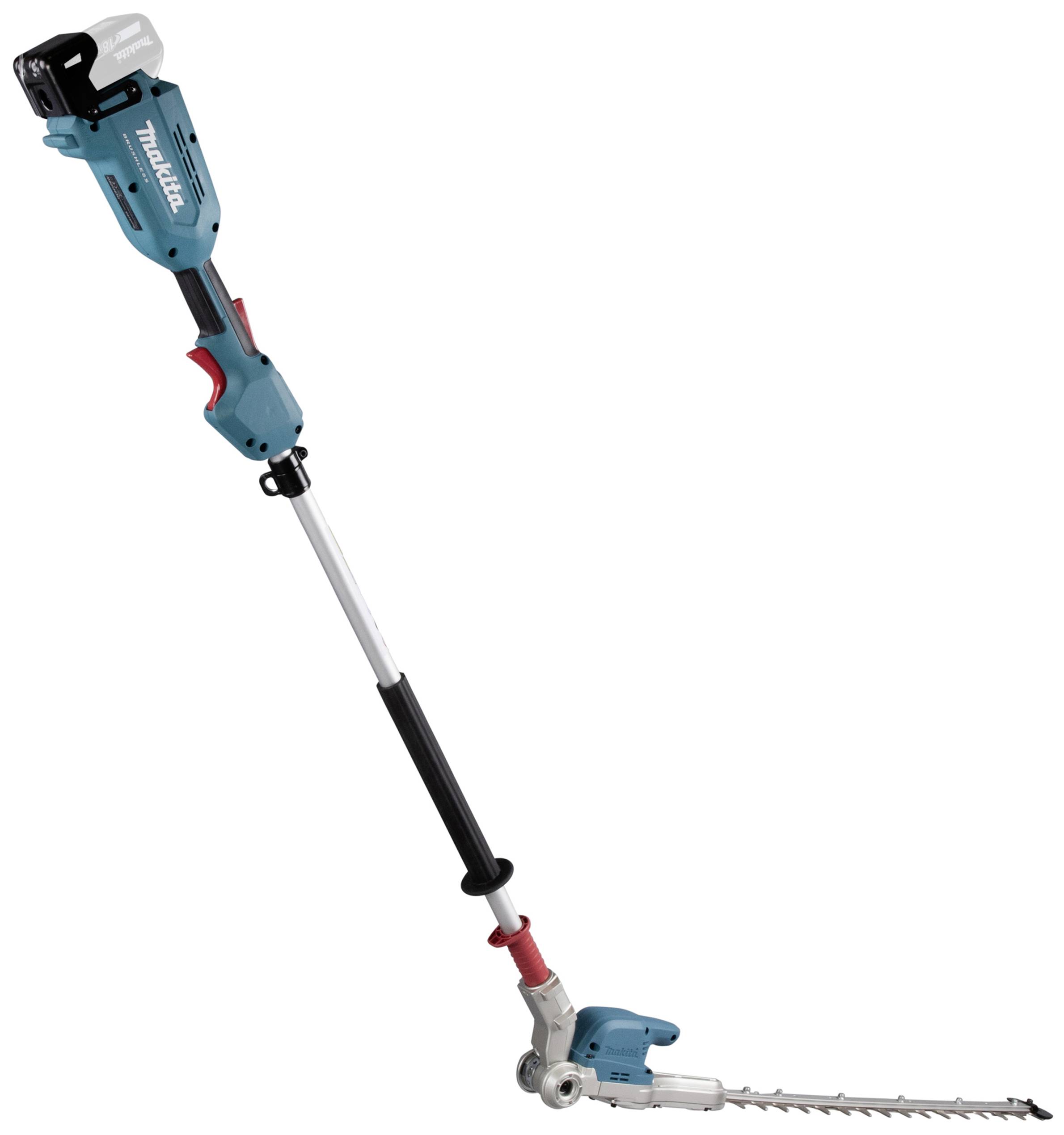 Nożyce do żywopłotu teleskopowe w kolorze niebieskim i czarnym, z regulowaną długością i obrotową głowicą, idealne do wysokich żywopłotów.