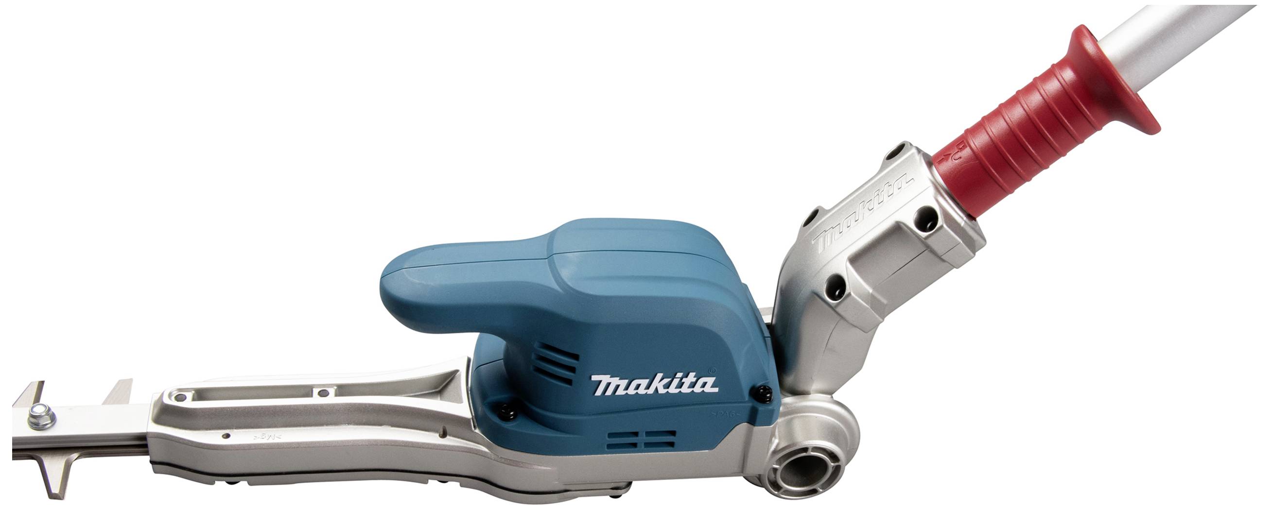 Urządzenie elektryczne w niebieskiej obudowie, z czerwonym uchwytem i nazwą marki 'Makita'. Odpowiednie do prac budowlanych lub ogrodowych.