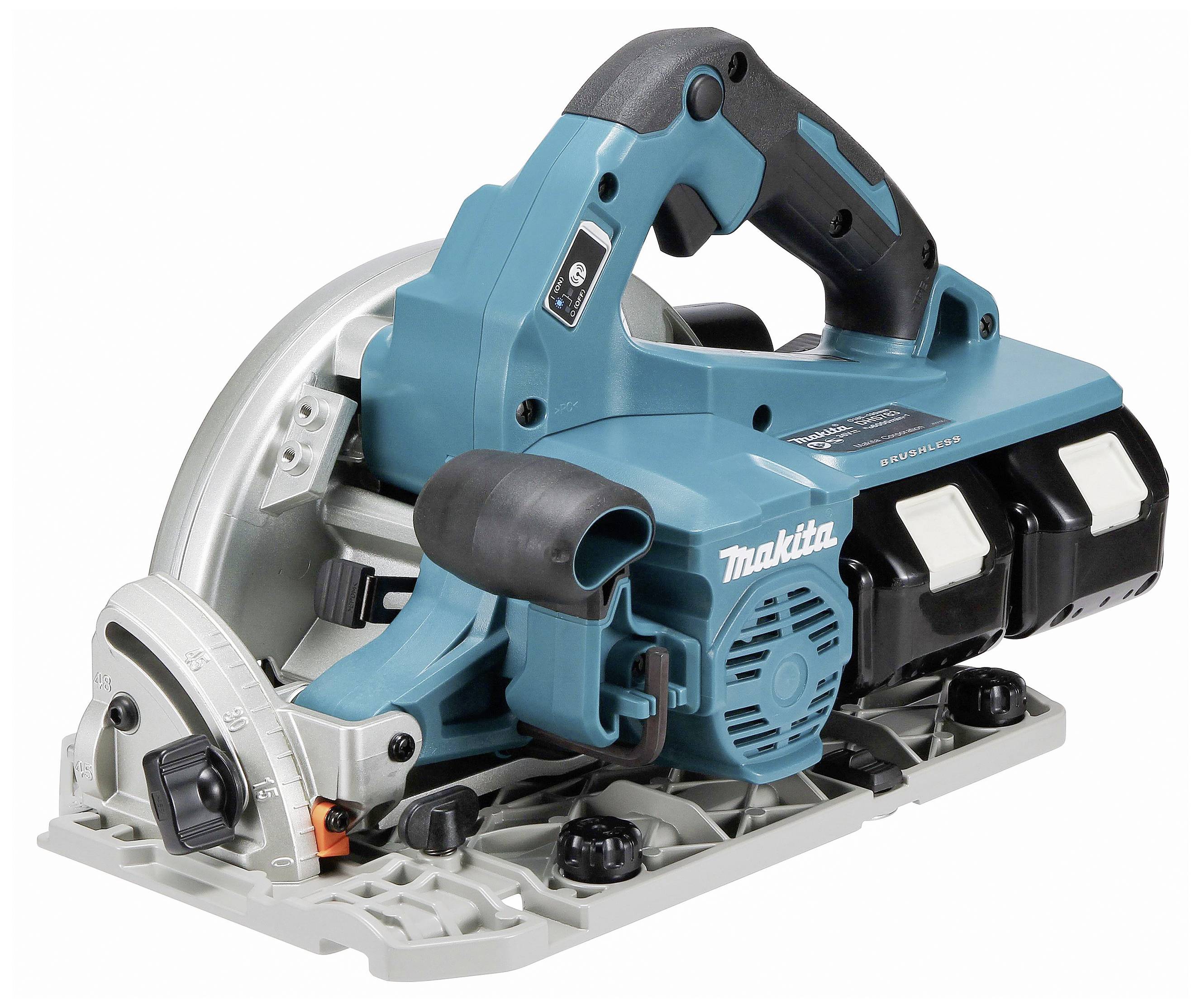 Akumulatorowa ręczna piła tarczowa w kolorze niebieskim i szarym z czarnymi elementami sterującymi, używana do cięcia drewna lub podobnych materiałów.