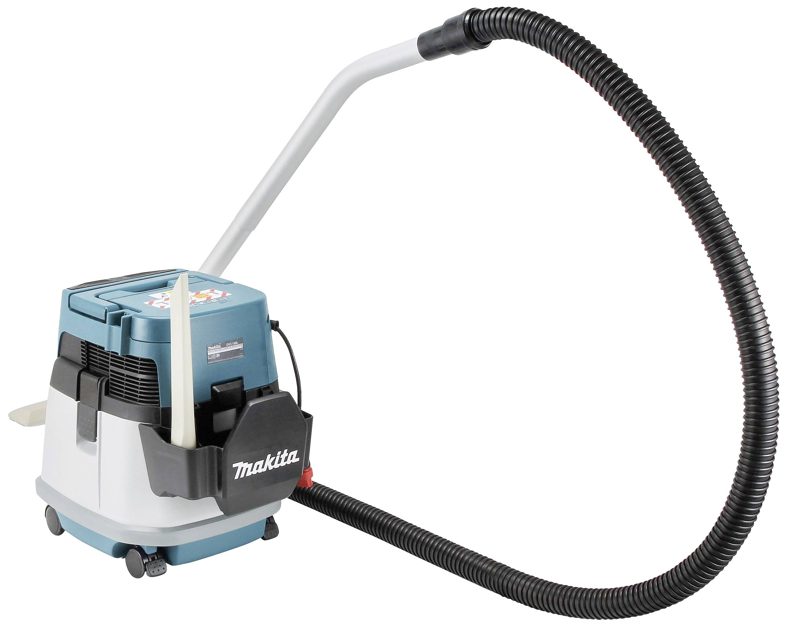 'Przemysłowy odkurzacz Makita z długim wężem, w kolorze niebiesko-białym, na kółkach, odpowiedni do użytku na budowach i w warsztatach.'