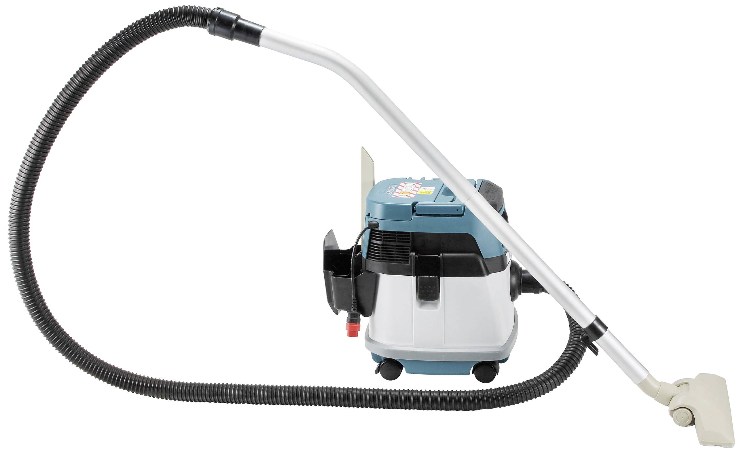 Przemysłowy odkurzacz z długim wężem i końcówką ssącą, przeznaczony do kompleksowych prac porządkowych.