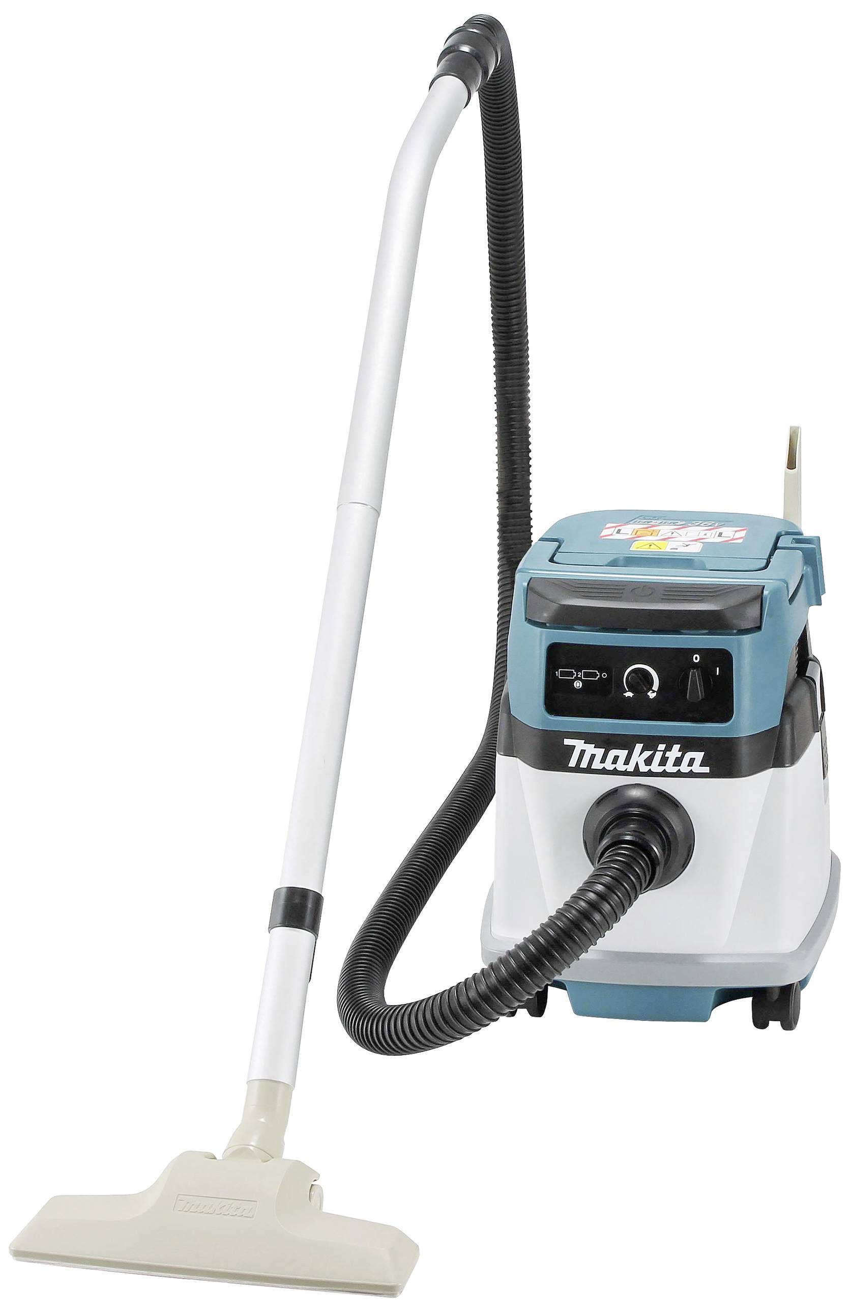 Przemysłowe odkurzacze Makita z niebieską obudową, czarnym wężem i długą, białą rurą ssącą.
