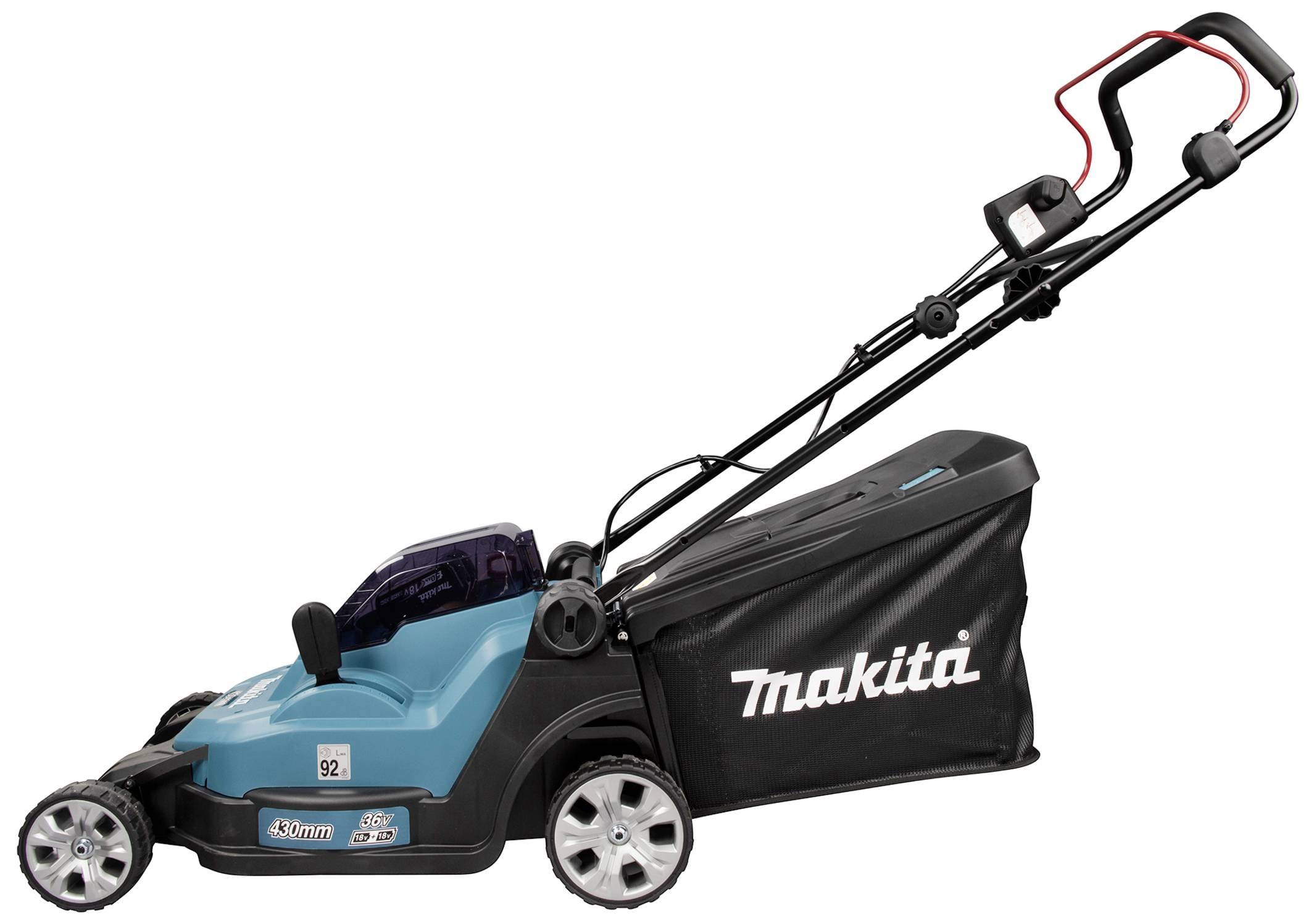 Niebieski elektryczny kosiarz marki Makita z czarno-czerwonym uchwytem i koszem na trawę, przedstawiony z boku na białym tle.