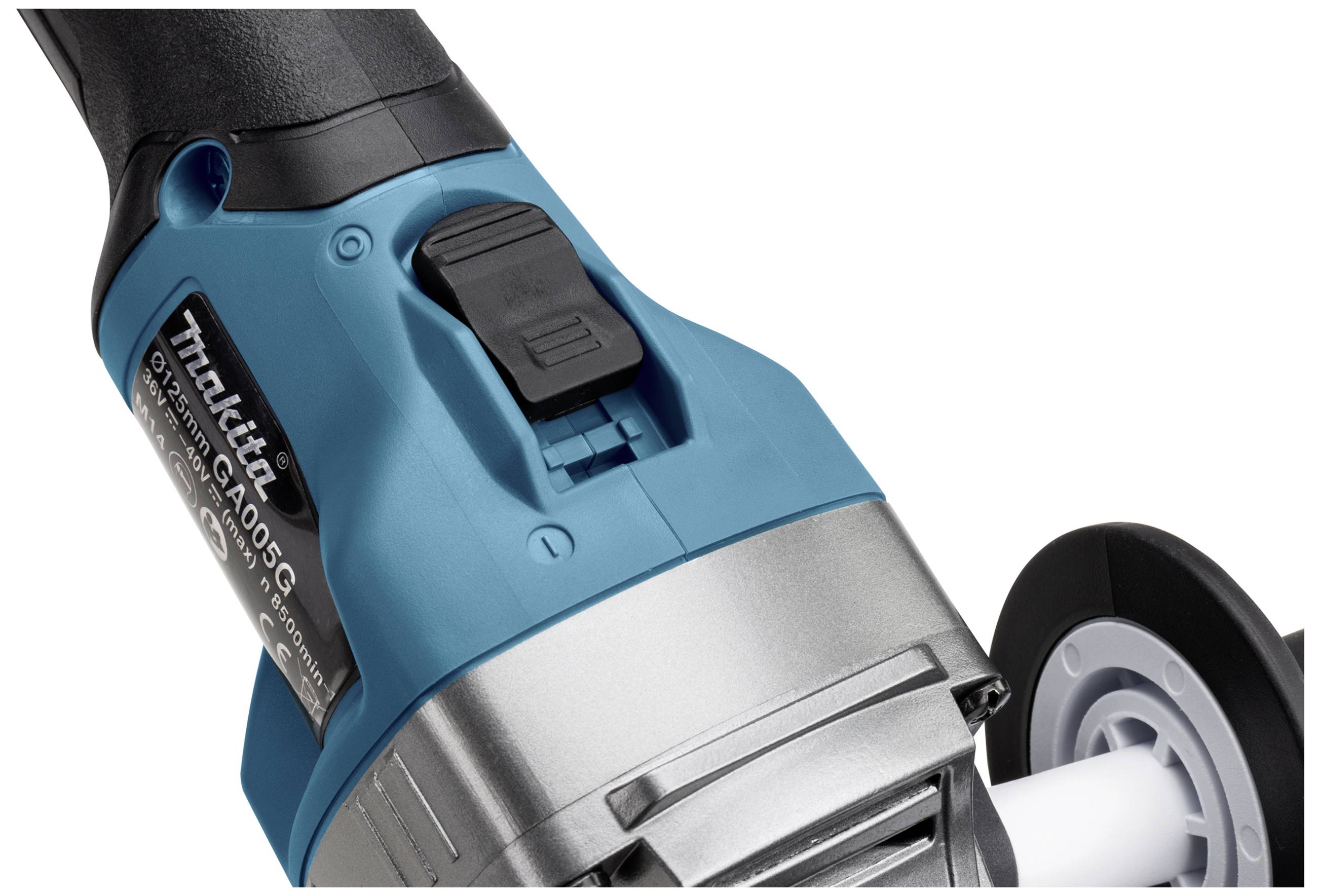 Niebieska elektryczna szlifierka kątowa z czarną osłoną włącznika i białą rękojeścią. Po lewej stronie widoczna jest nazwa marki.