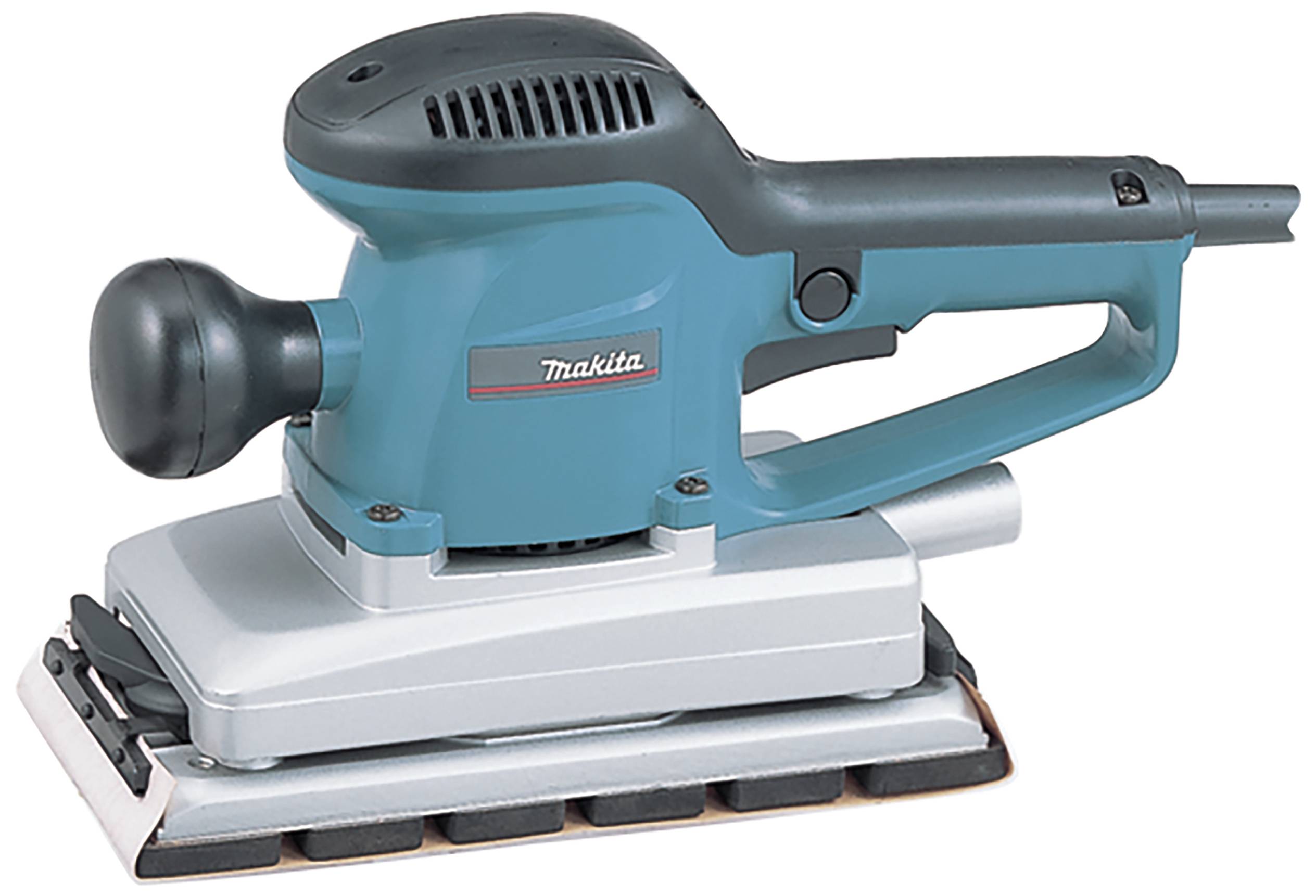 Niebieski szlifierka elektryczna z ergonomicznym uchwytem jest przedstawiona. Służy do szlifowania powierzchni.