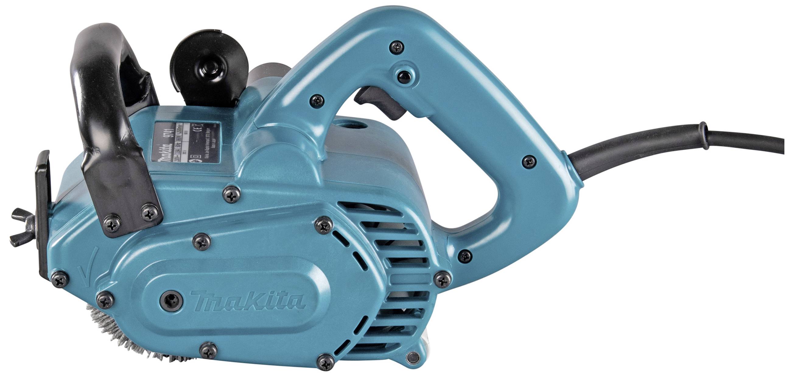 Elektryczne narzędzie szlifierskie w kolorze niebieskim z czarną rękojeścią. Wtyczka sieciowa po prawej stronie. Po lewej stronie widoczna obracająca się tarcza szlifierska.