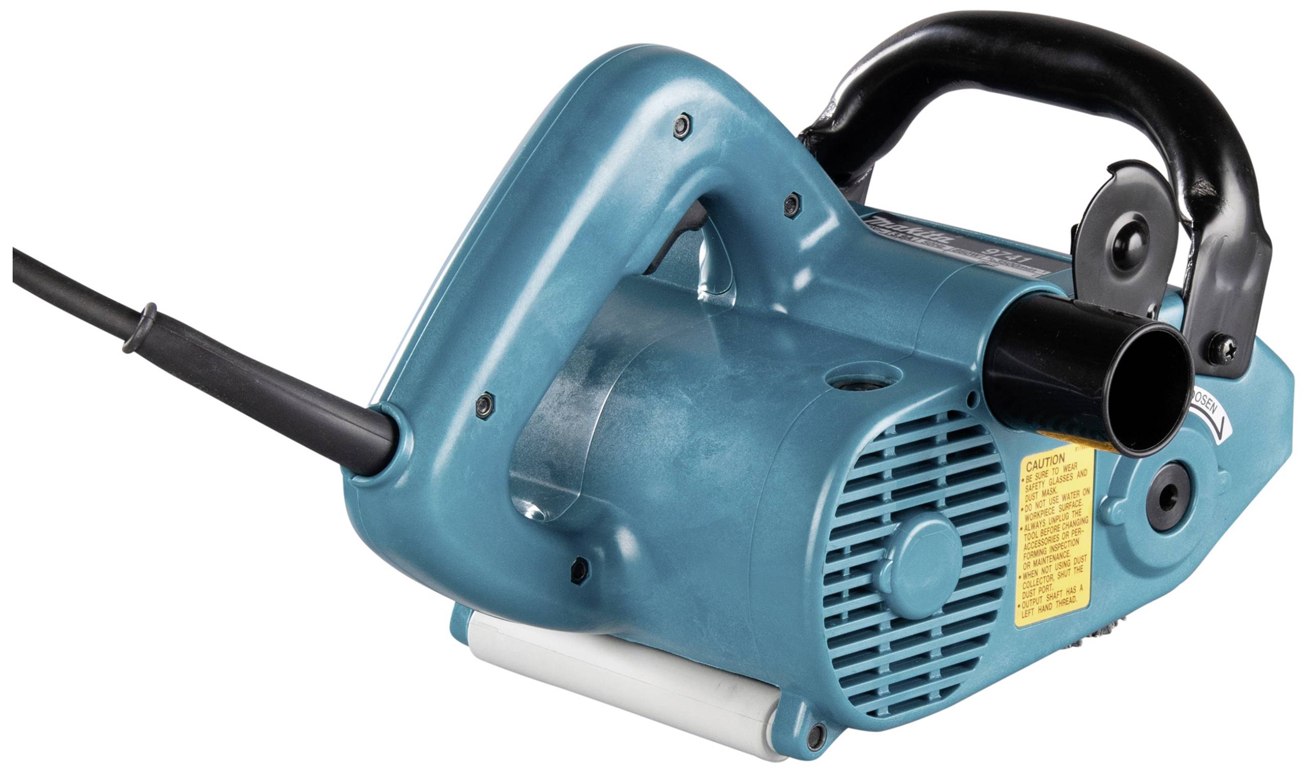 Niebieska elektryczna szlifierka taśmowa z czarną rękojeścią. Posiada przewód zasilający i jest przystosowana do prac szlifierskich.