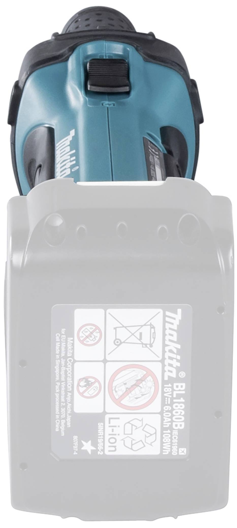 Wiertarka akumulatorowa z niebieską obudową, ze szczególnym zwróceniem uwagi na sekcję akumulatora.