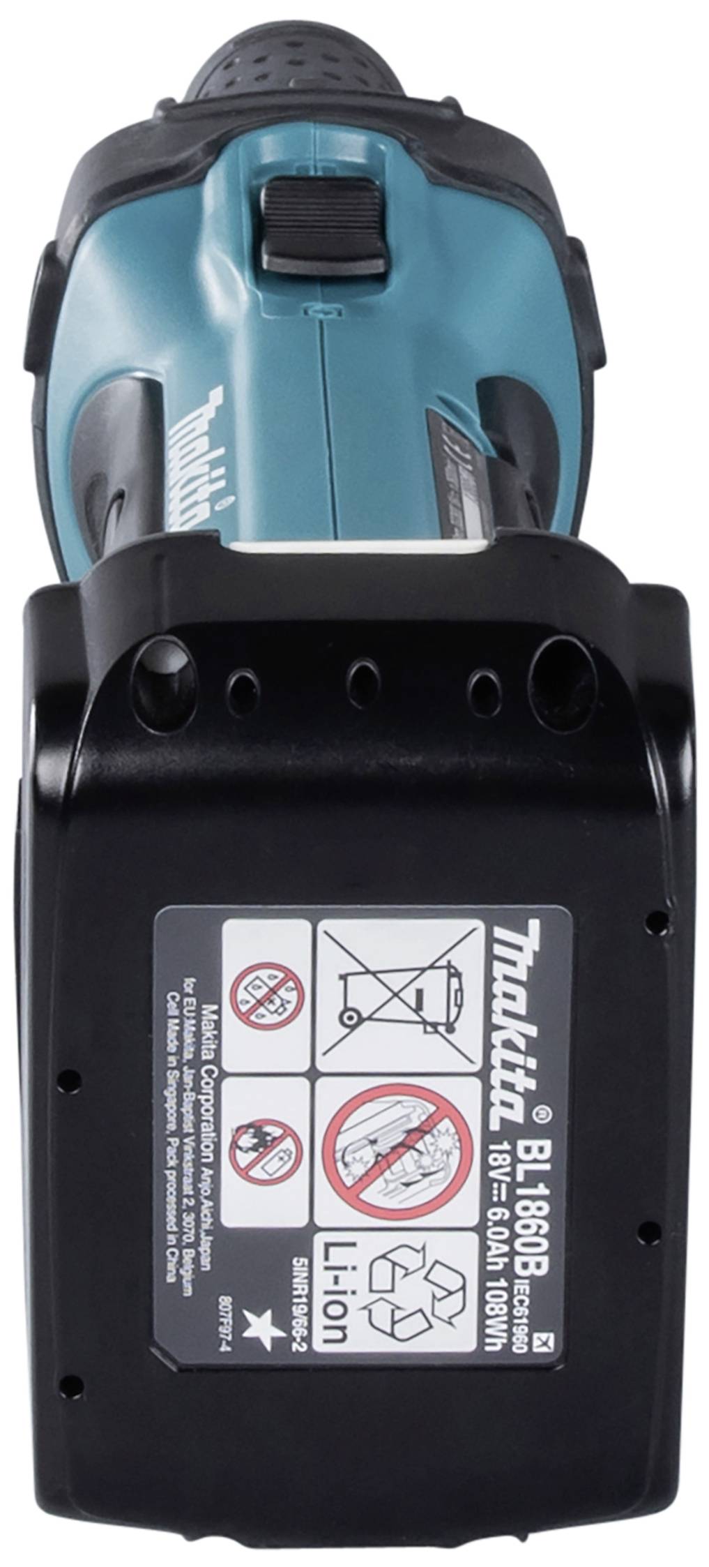 Akumulatorowy wkrętak z czarnym akumulatorem litowo-jonowym i niebieskimi elementami z serii Makita, z wyraźnymi wskazówkami obsługi.