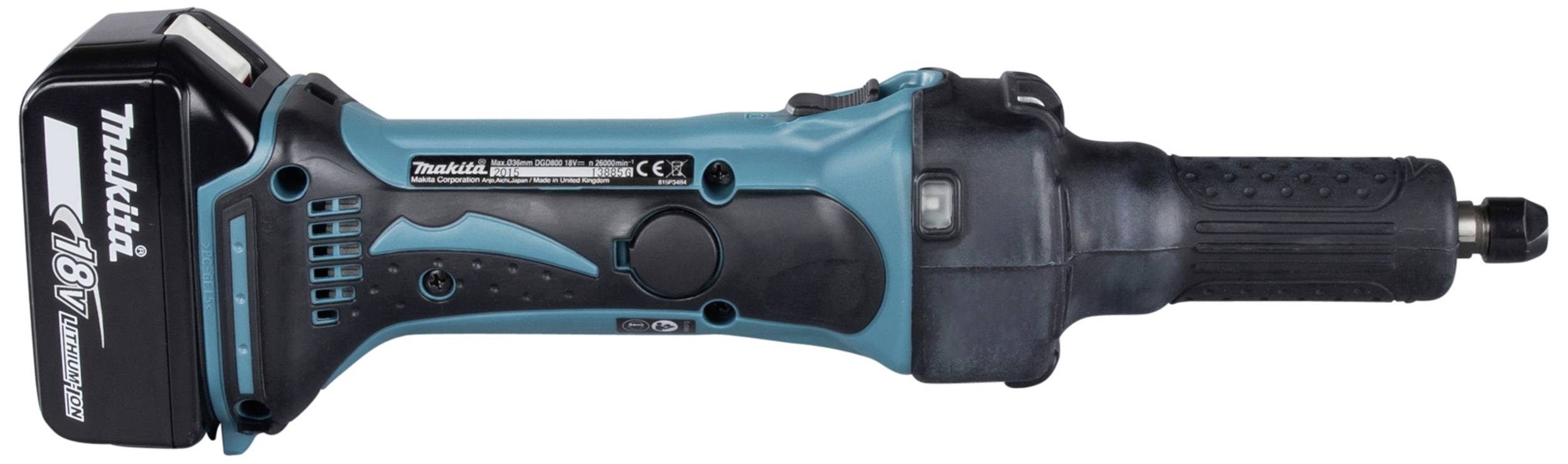 Akumulatorowa szlifierka prosta w kolorze turkusowym i czarnym z baterią 18V. Odpowiednia do precyzyjnego szlifowania i polerowania.