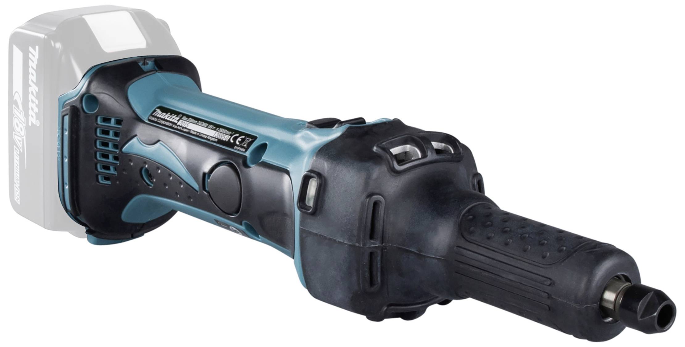 Akumulatorowa szlifierka prosta w niebiesko-czarnej obudowie z ergonomicznym uchwytem, przeznaczona do precyzyjnego i mobilnego szlifowania.