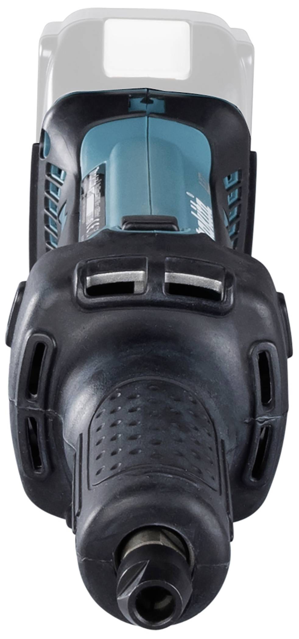 Nakładka na wkrętarkę akumulatorową w kolorze czarnym z niebieską obudową, widok z przodu.