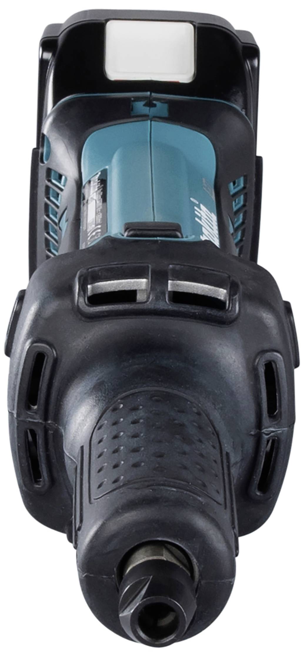 Elektryczny wkrętak akumulatorowy w kolorze niebieskim i czarnym, sfotografowany od przodu.