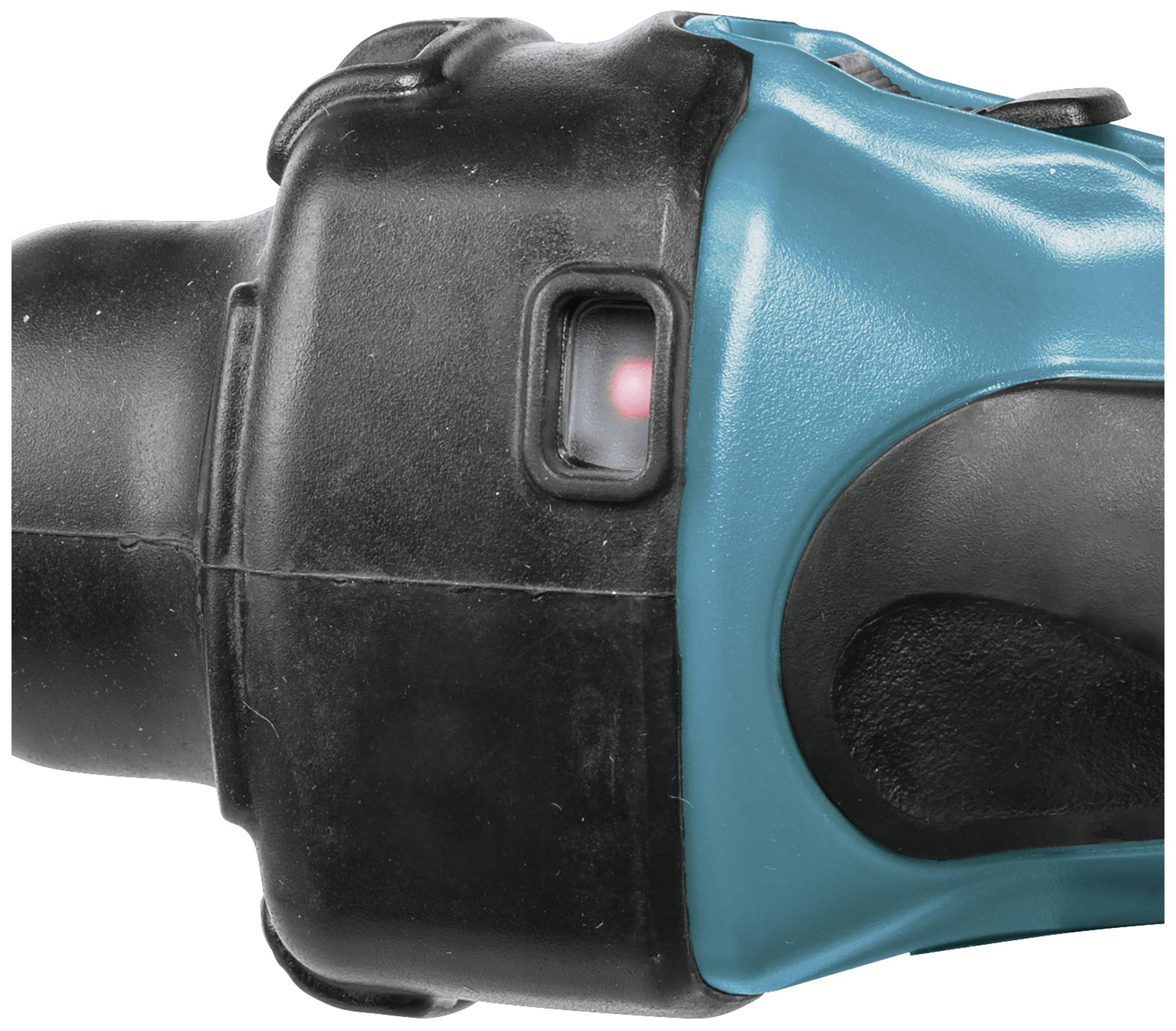 Zbliżenie elektronarzędzia. Czerwone światło świeci się na niebiesko-czarnej obudowie, sygnalizując gotowość do pracy.