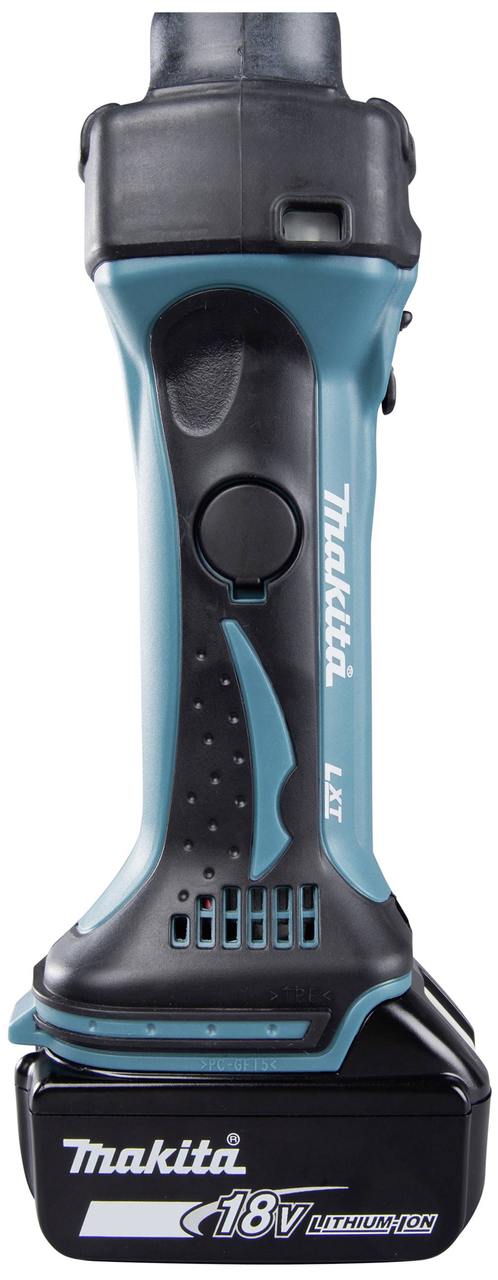 Bezprzewodowy wkrętak akumulatorowy Makita z akumulatorem litowo-jonowym 18V, w kolorach niebieskim i czarnym, leżący na boku.