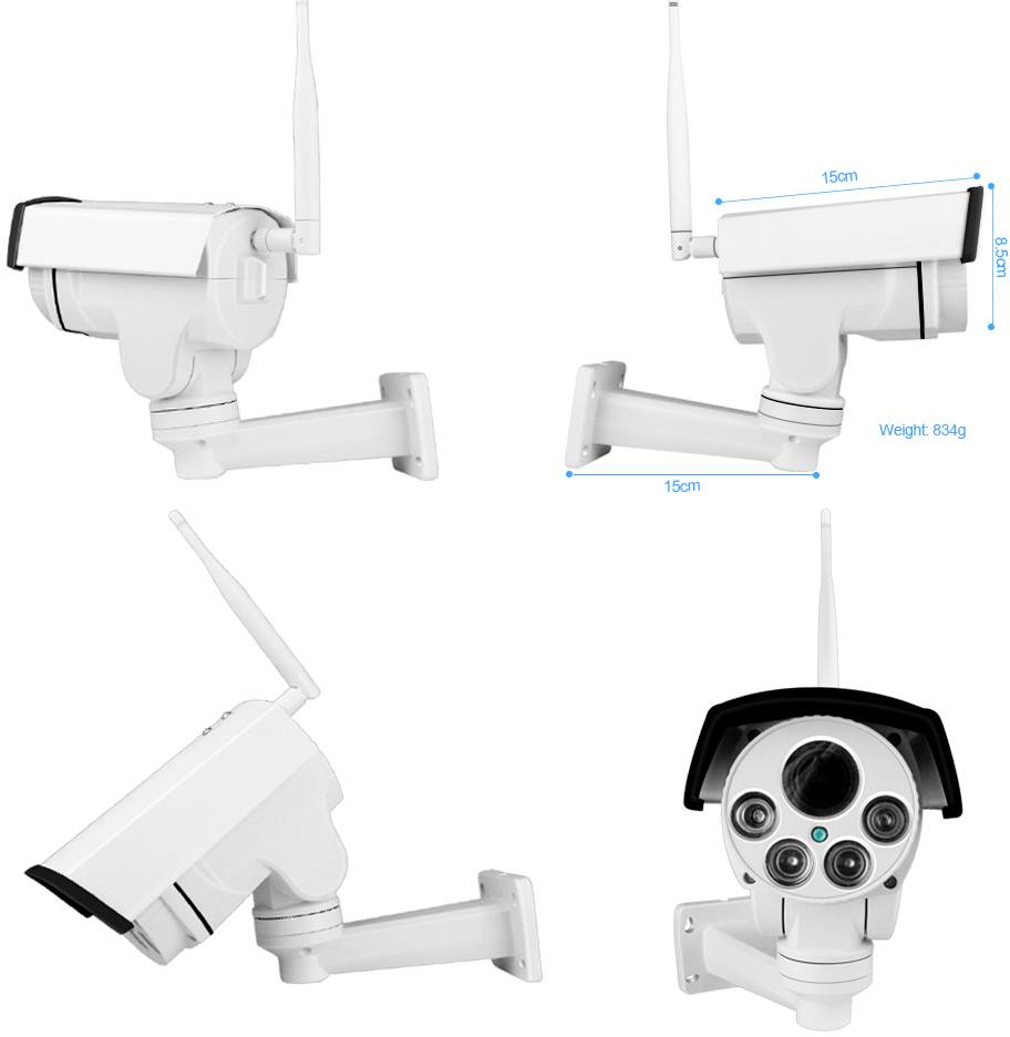 Cztery kamery monitoringu z różnych kątów, wymiary: 15 cm długości, 8,5 cm wysokości, waga 834 g.