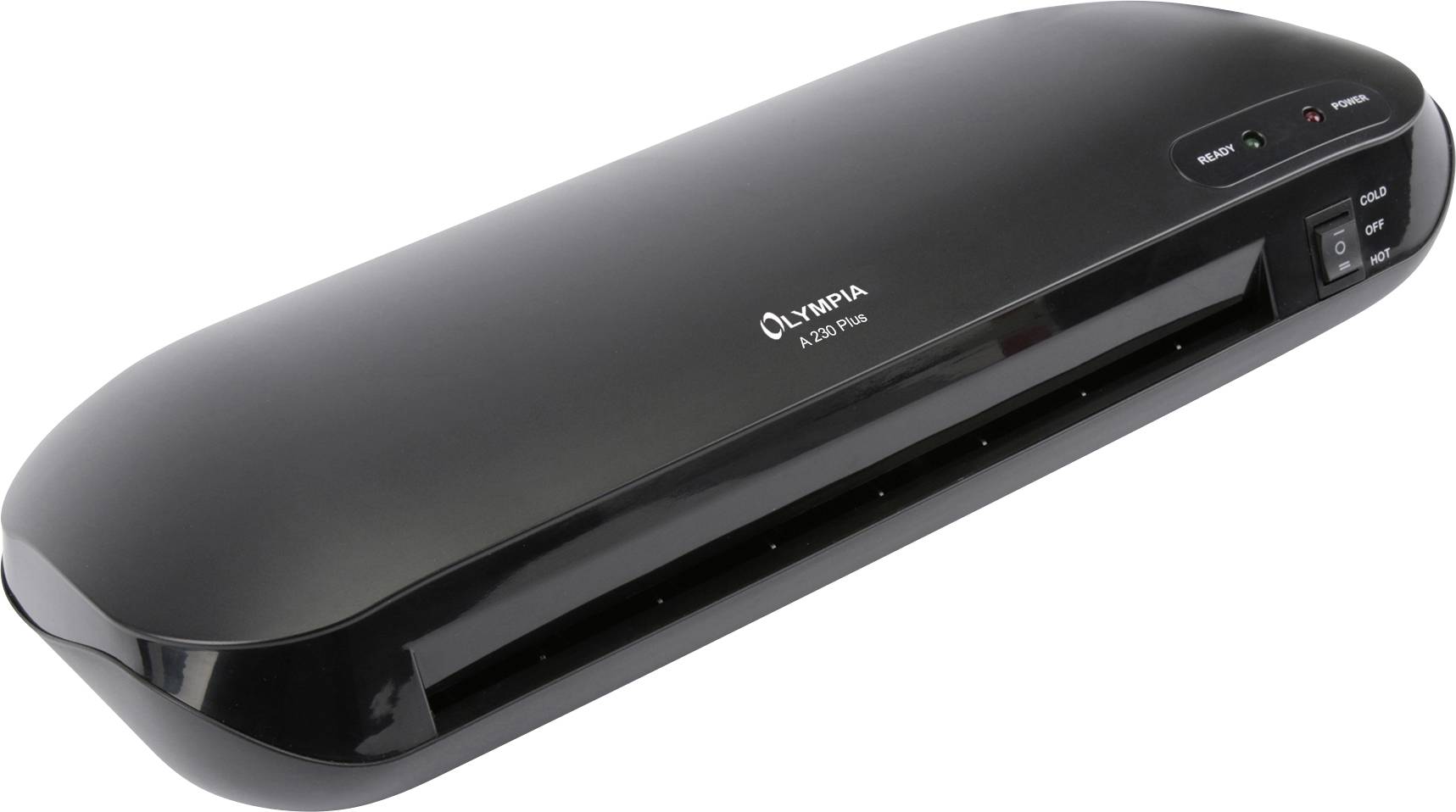 Czarna laminator marki Olympia, model A 235 Plus, z przyciskiem włączania/wyłączania oraz wskaźnikiem LED statusu pracy.