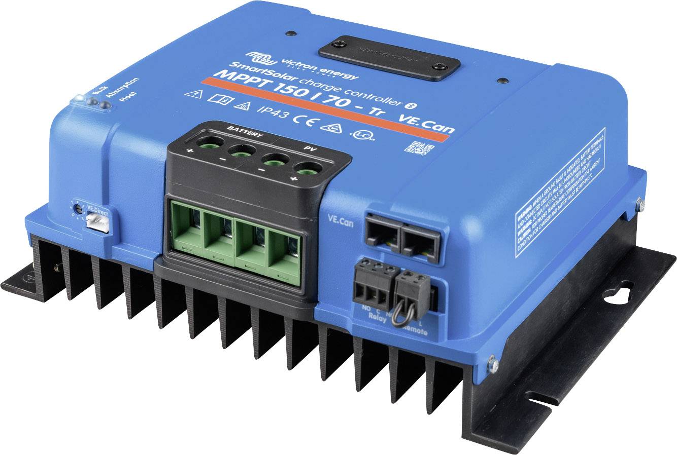 Niebieski regulator ładowania solarnego firmy Victron Energy, model MPPT 150/70-Tr VE.Can, z wieloma opcjami podłączenia do akumulatorów i systemów.