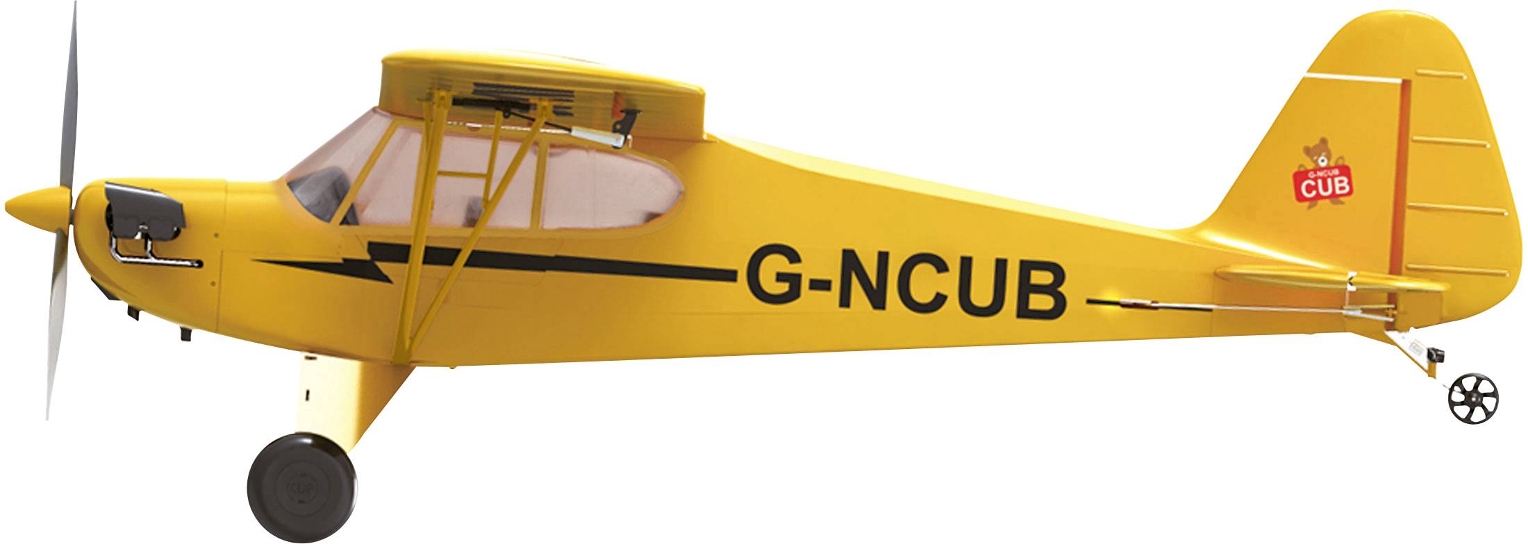 Żółty samolot śmigłowy z napisem 'G-NCUB' na boku, model 'Cub'.