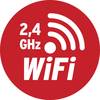 Czerwony okrąg z białym tekstem '2,4 GHz WiFi' i symbolem WiFi. Oznaczenie wskazujące dostępne połączenie WiFi.