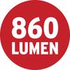 Czerwony krąg z białym tekstem '860 LUMEN'.