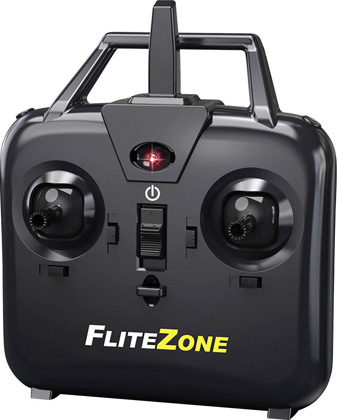 Czarna pilotka ze zdalnym sterowaniem z dwoma drążkami sterującymi i centralnym przełącznikiem. Napis 'FliteZone' żółtymi literami na dole.