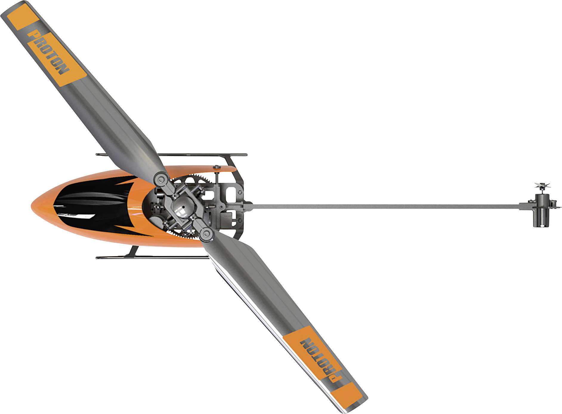 Pomarańczowo-szary wirnik śmigłowca widziany z perspektywy ptaka, z widoczną głowicą i łopatami wirnika, na których widnieje napis 'ROBLIN'.