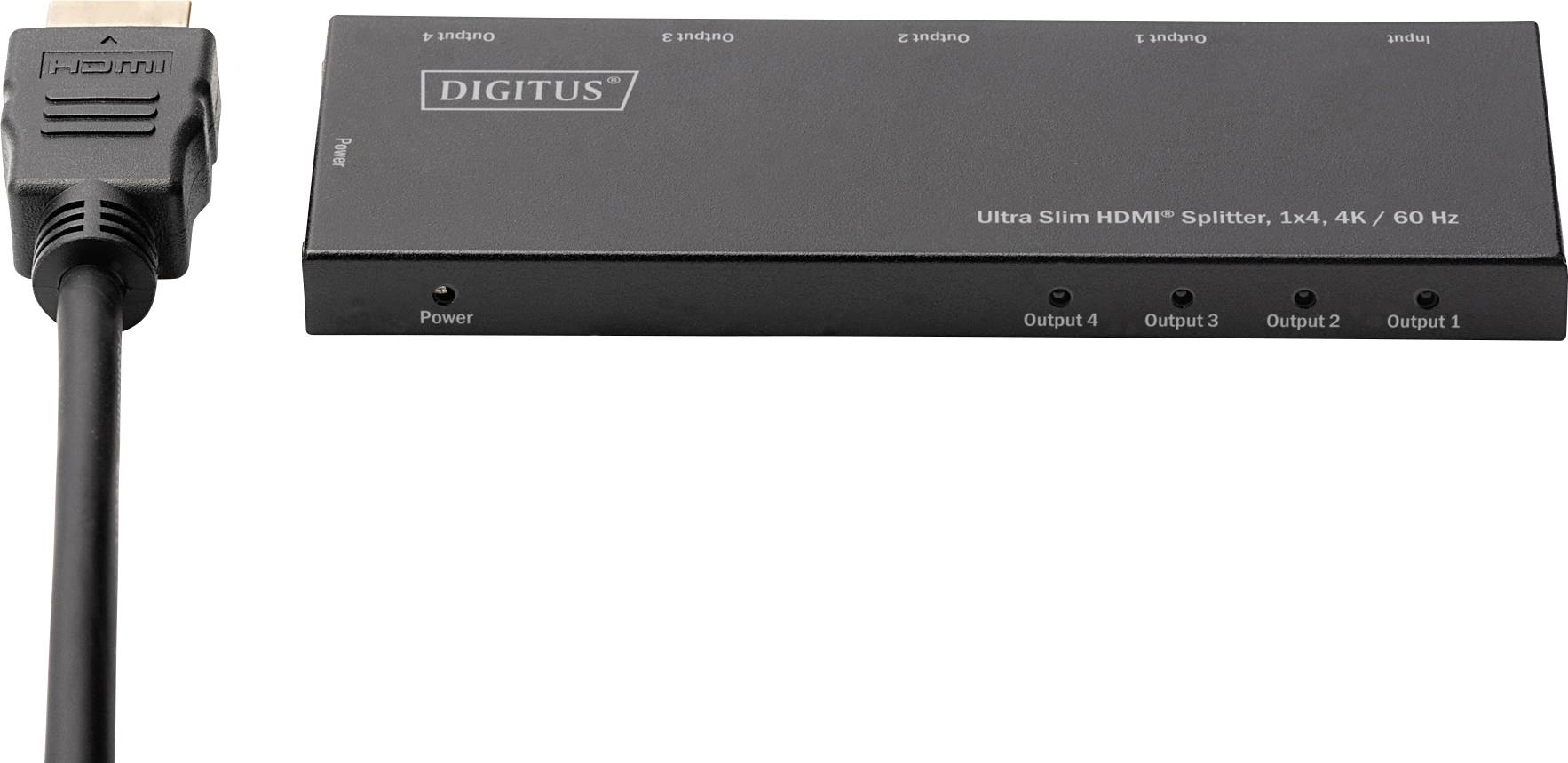 Rozgałęziacz HDMI 1x4 Digitus, Ultra Slim, 4K/60 Hz. Wyświetla port wejściowy i cztery porty wyjściowe z wskaźnikiem zasilania na przedniej ściance.