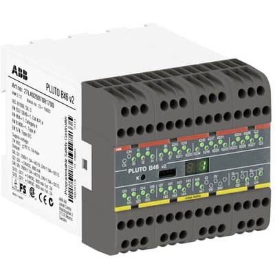 Programowalny sterownik bezpieczeństwa z oznaczeniem modelu 'Pluto B46 v2' firmy ABB, przedstawiający zaciski przyłączeniowe i specyfikacje techniczne.