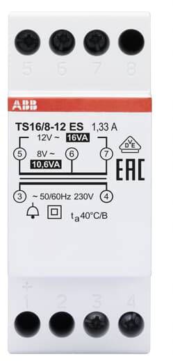 'ABB Przekaźnik TS16/8-12 ES, 1,33 A, 12V, 16VA. Schemat podłączenia z oznaczeniami 8V i 10,6VA. 230V, 50/60Hz, tA 40°C/B.'