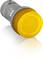 Żółty przycisk LED firmy ABB w kształcie cylindra, model MP1-11Y, z przezroczystą osłoną, sfotografowany na białym tle z odbiciem.