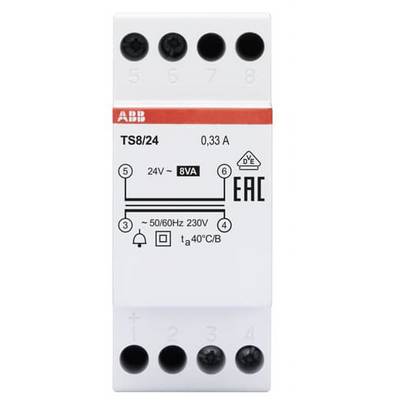 Urządzenie zasilające ABB, model TS8/24, 0,33 A, 24V, 8VA. Prezentuje podłączenia i symbole certyfikacji EAC.