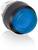 Okrągły, niebiesko świecący przycisk z czarną obwódką na białym tle. Mógłby być włącznikiem lub przełącznikiem.