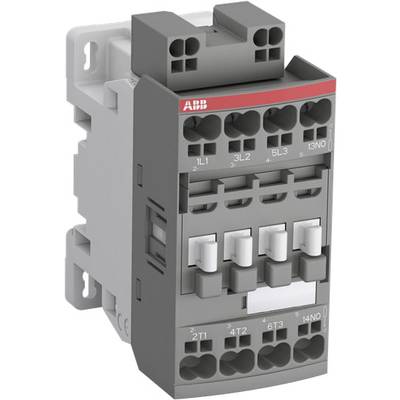 Urządzenie przełączające ABB Schütz, szare, elektryczne, zamontowane pionowo, wyposażone w kilka zacisków przyłączeniowych i mechaniczne elementy przełączające.