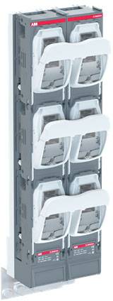 Sześciokrotny, szary uchwyt bezpiecznikowy ABB, montowany pionowo, z białą rączką, przeznaczony do zastosowań przemysłowych.