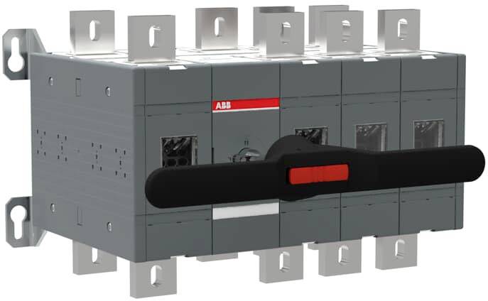 Przełącznik przemysłowy ABB z wieloma przyłączami i czerwonym uchwytem. Używany do sterowania urządzeniami elektrycznymi.