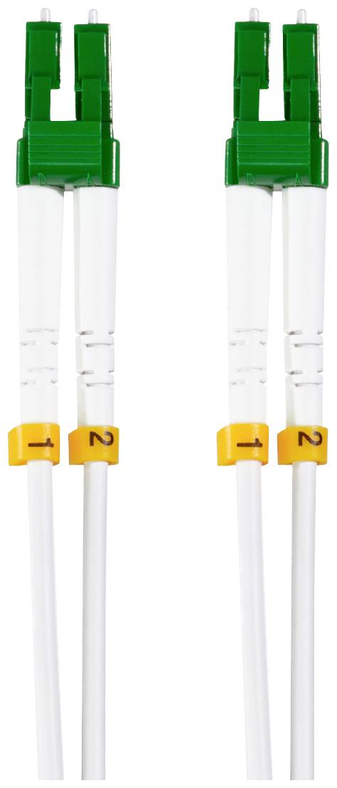 Dwa zielone kable światłowodowe z białymi osłonami i żółtymi numerami '1' i '2'. Są ułożone równolegle.