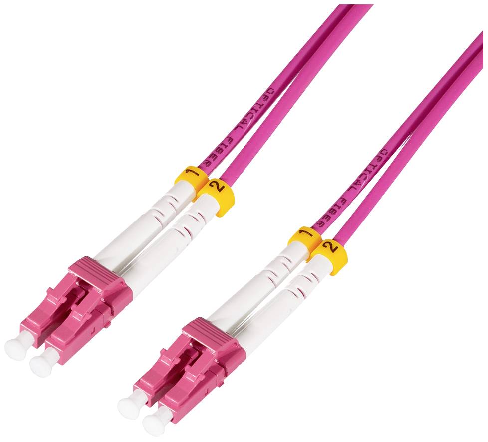 'Dwa różowe kable światłowodowe z żółtymi oznaczeniami na złączach, leżące obok siebie w pozycji spoczynkowej.'