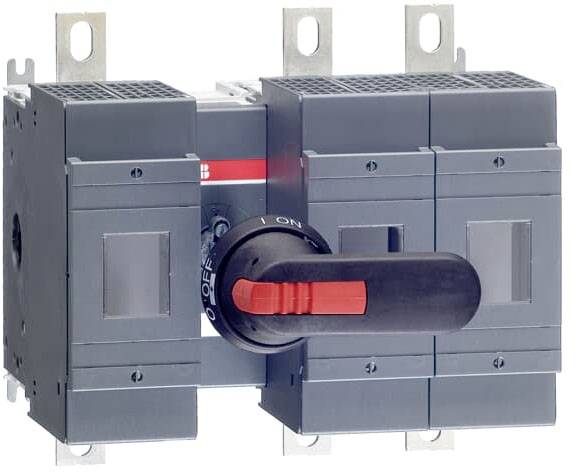 Szary rozłącznik z czarną rączką i czerwonymi akcentami, stosowany do przerywania obwodów elektrycznych.