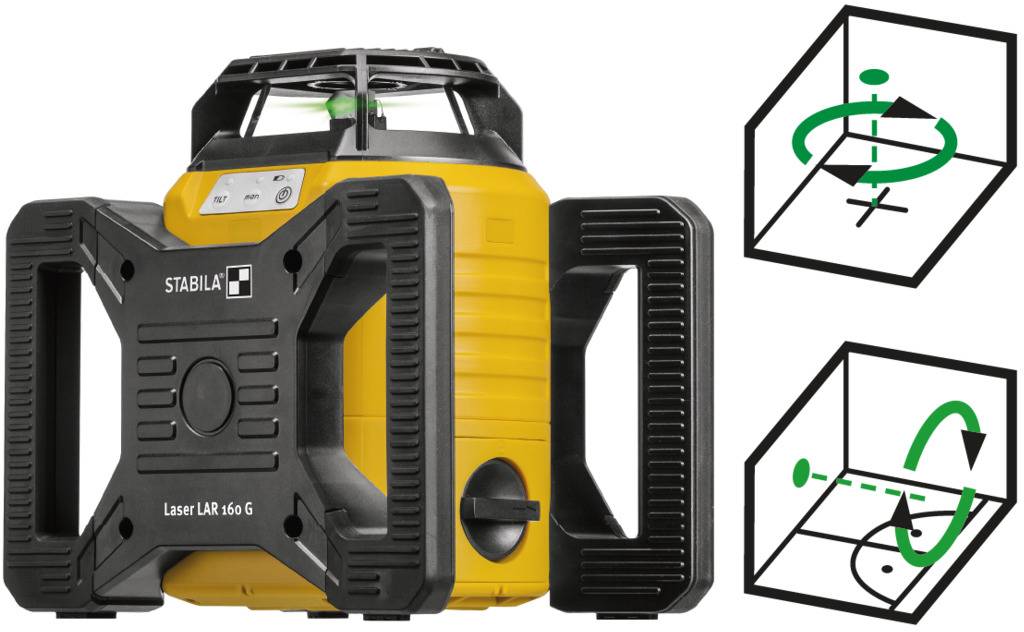 Żółty laser LAR-160-G z obrotowym poziomnicą; dwa diagramy przedstawiają kierunki obrotu: jeden poziomy, jeden pionowy.