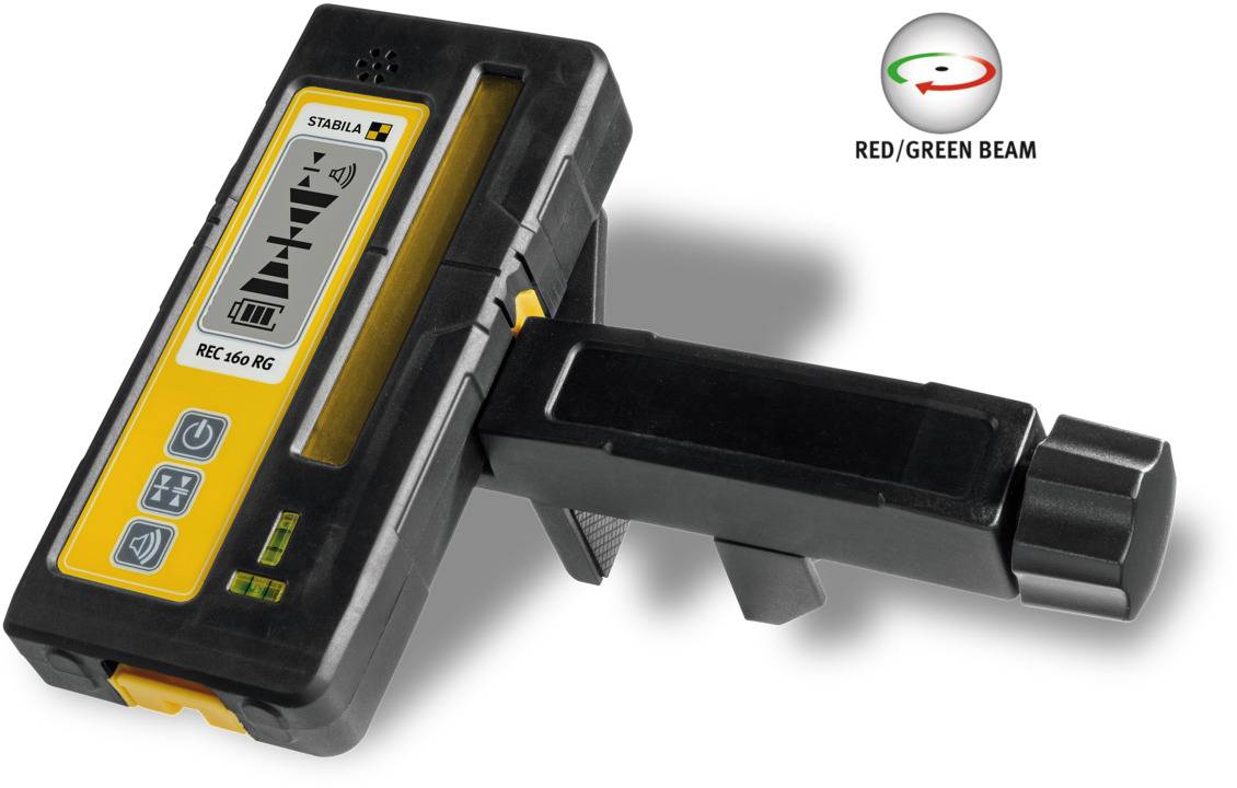 Elektroniczny odbiornik laserowy z czerwonym/zielonym promieniem, prostokątnym wyświetlaczem, uchwytem oraz kilkoma przyciskami sterującymi.