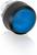 Okrągły, niebieski przycisk wciskany z czarną obwódką, przeznaczony do montażu w panelach urządzeń.