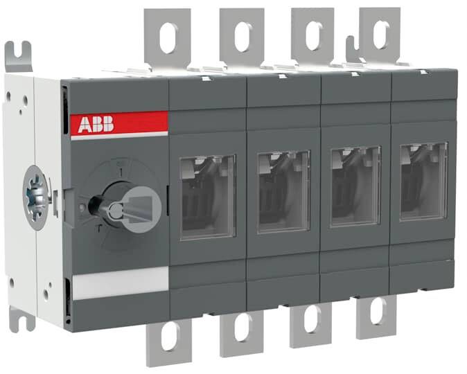 Szary wyłącznik bezpieczeństwa ABB z czerwonym logo, w wykonaniu pięciobiegunowym, przeznaczony do ręcznego sterowania obwodami elektrycznymi.