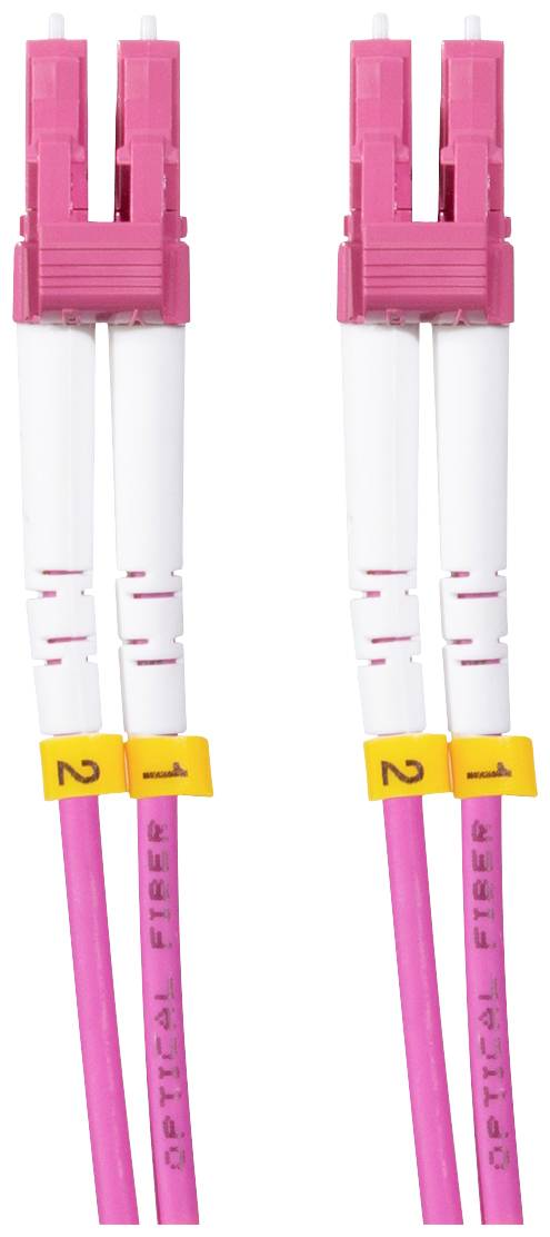 Dwa różowe kable światłowodowe z żółtymi oznaczeniami, ponumerowane jako '1' i '2', ułożone obok siebie, izolowane na białym tle.