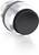 Czarny, okrągły przycisk sterowniczy z srebrną obwódką, odpowiedni do przemysłowych zastosowań sterujących.