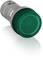 Zielony przycisk, cylindryczny kształt, srebrna podstawa z opisem technicznym i zielonym, przeświecającym kloszem.