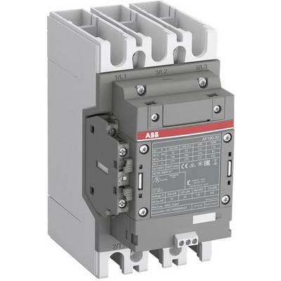Szary, elektroniczny stycznik firmy ABB, model AF190-30, z technicznymi specyfikacjami na etykiecie z przodu.