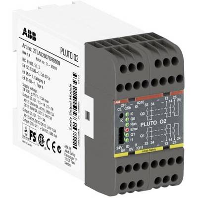 Przekaźnik bezpieczeństwa firmy ABB o nazwie 'PLUTO O2'. Pokazuje specyfikacje techniczne z boku oraz schematy połączeń z przodu.