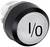 Okrągły przycisk z napisem 'I/O' czarną czcionką na białym tle, otoczony czarną ramką.