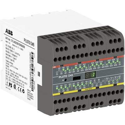 Moduł bezpieczeństwa SPS o nazwie produktu 'PLUTO D45', z wieloma zaciskami przyłączeniowymi, wskaźnikami LED i opisami technicznymi na stronie.